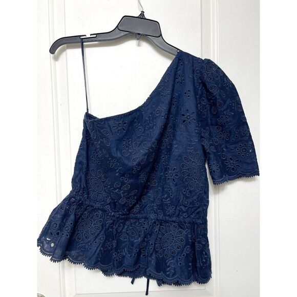 New Polo Ralph Lauren One-shoulder Eyelet Linen top in Navy Size 10 - Picture 8 of 13